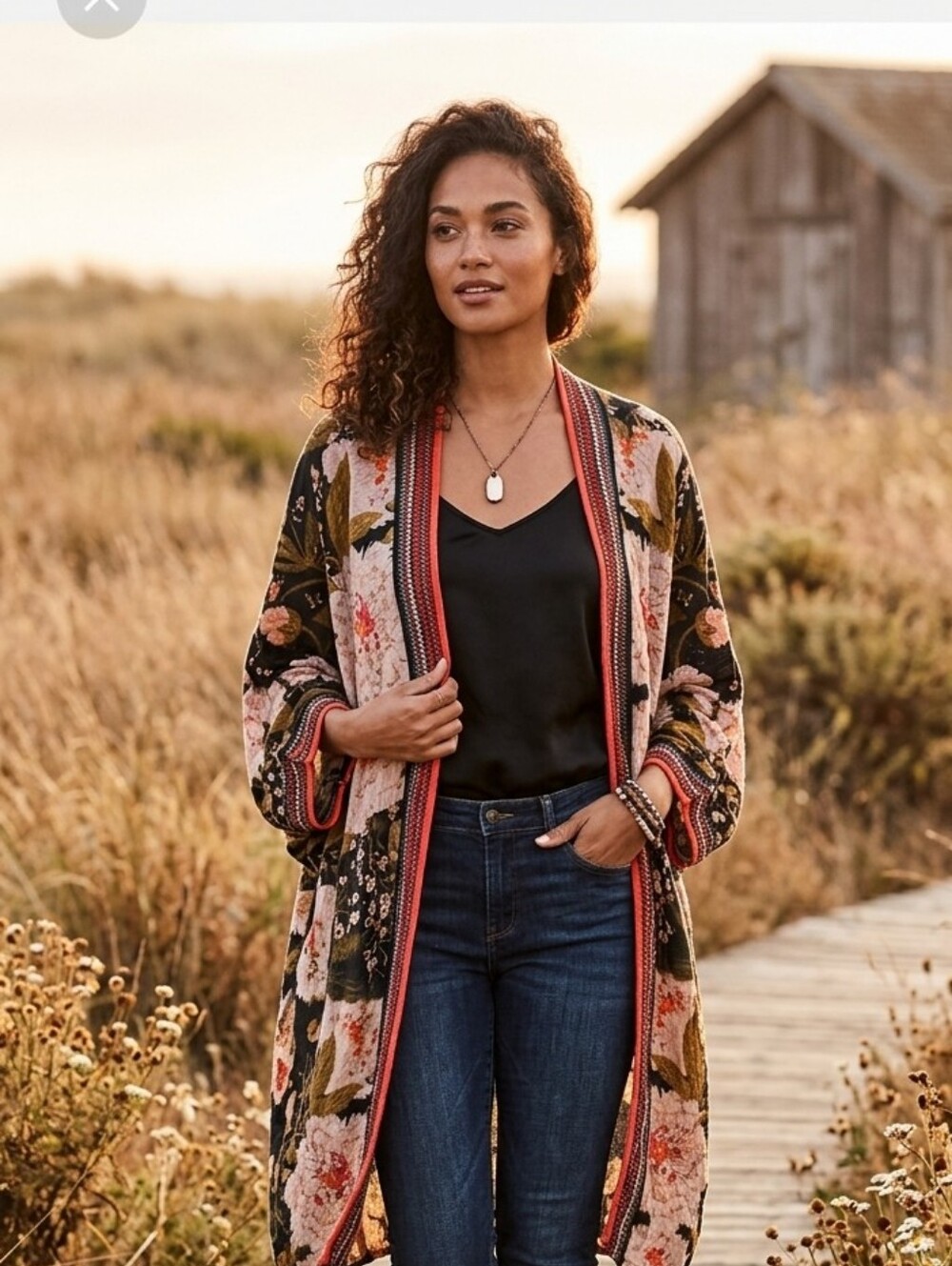 Floral Kimono / Knitted Cardigan with Red Accents